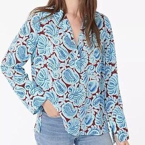 J.Crew Women's Printed Blue Silk Long Sleeves Tunic Top Sz Small